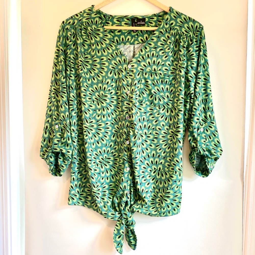 V-Neck Tie-Front Button-Up Top